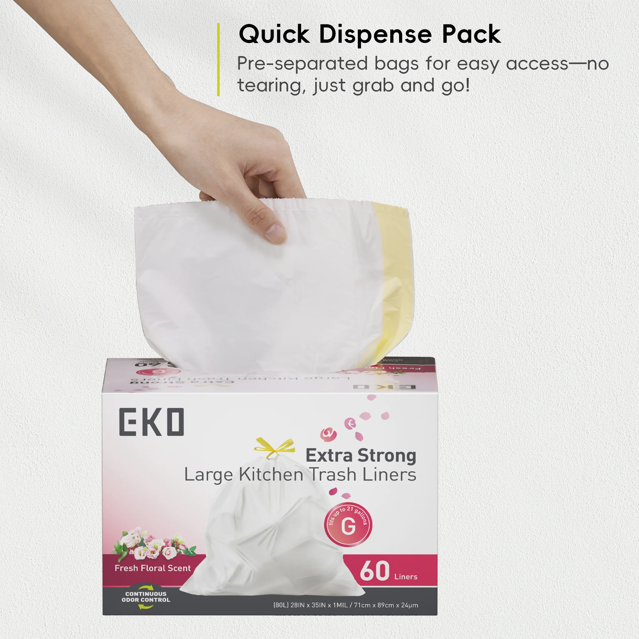 Code G -21 Gallon Easy-Dispense Roll Trash Bag - 60 Count-Fresh Floral Scent - Image 8