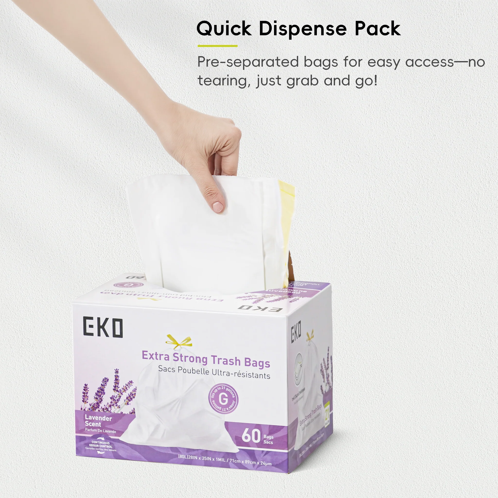 Code G -21 Gallon Easy-Dispense Roll Trash Bag - 60 Count-Lavender Scent - Image 4