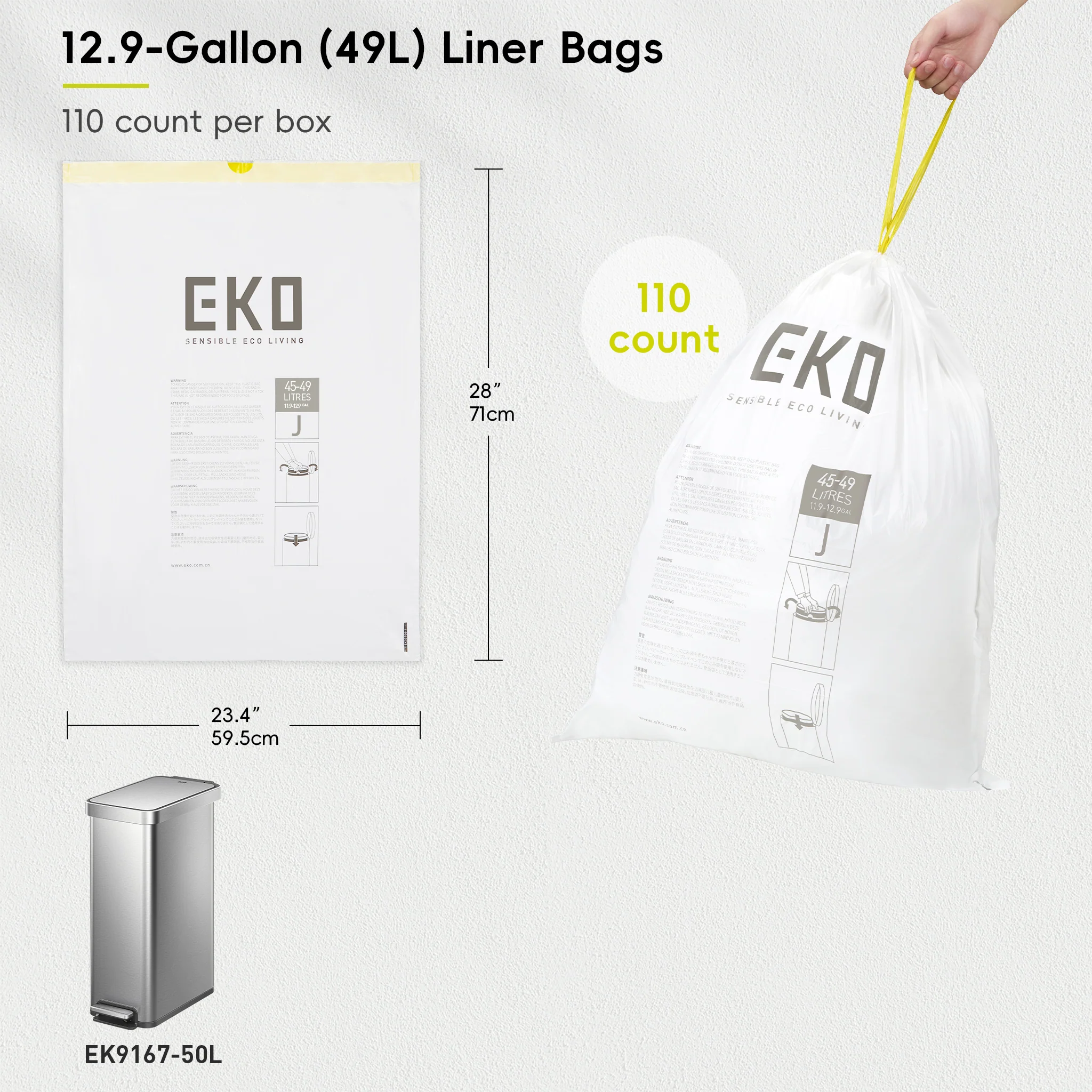 Code J - 12.9 Gallon (45-49L) Easy-Dispense Roll Trash Bag - 110 Count - Image 7