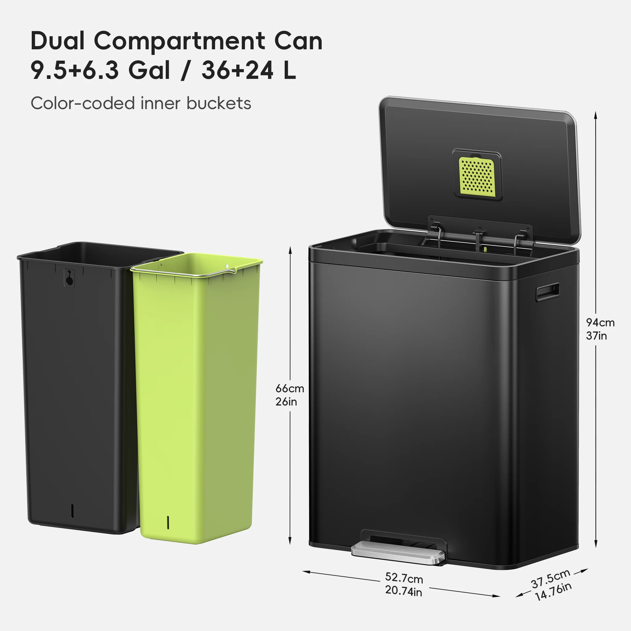 EcoCasa II Step Recycling Can - Dual Compartment 36L+24L-Matte Black - Image 9