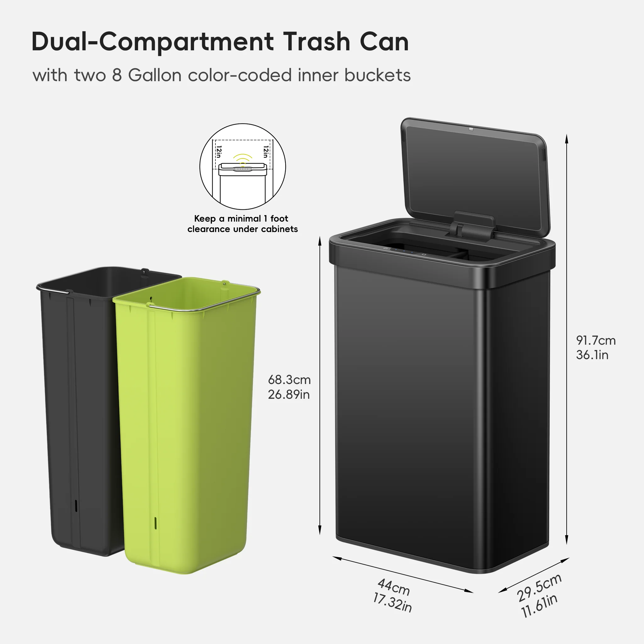 Econova 8+8 Gallon Dual Compartments Motion Sensor Trash Can - Matte Black - Image 10
