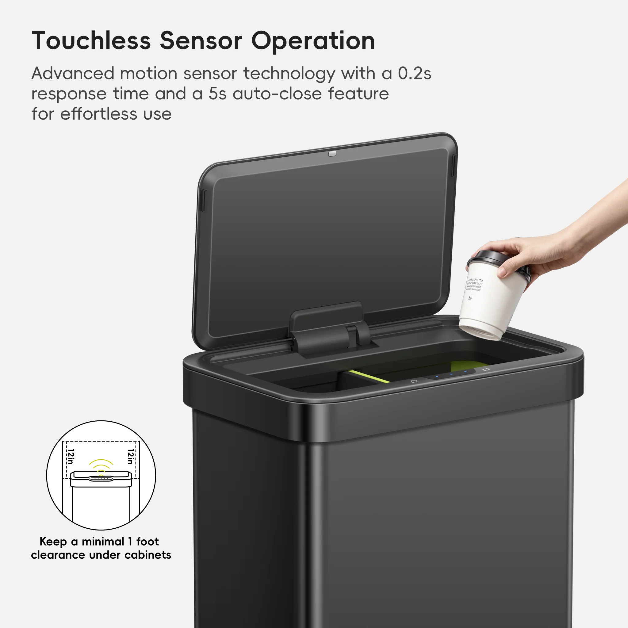 Econova 8+8 Gallon Dual Compartments Motion Sensor Trash Can - Matte Black - Image 4