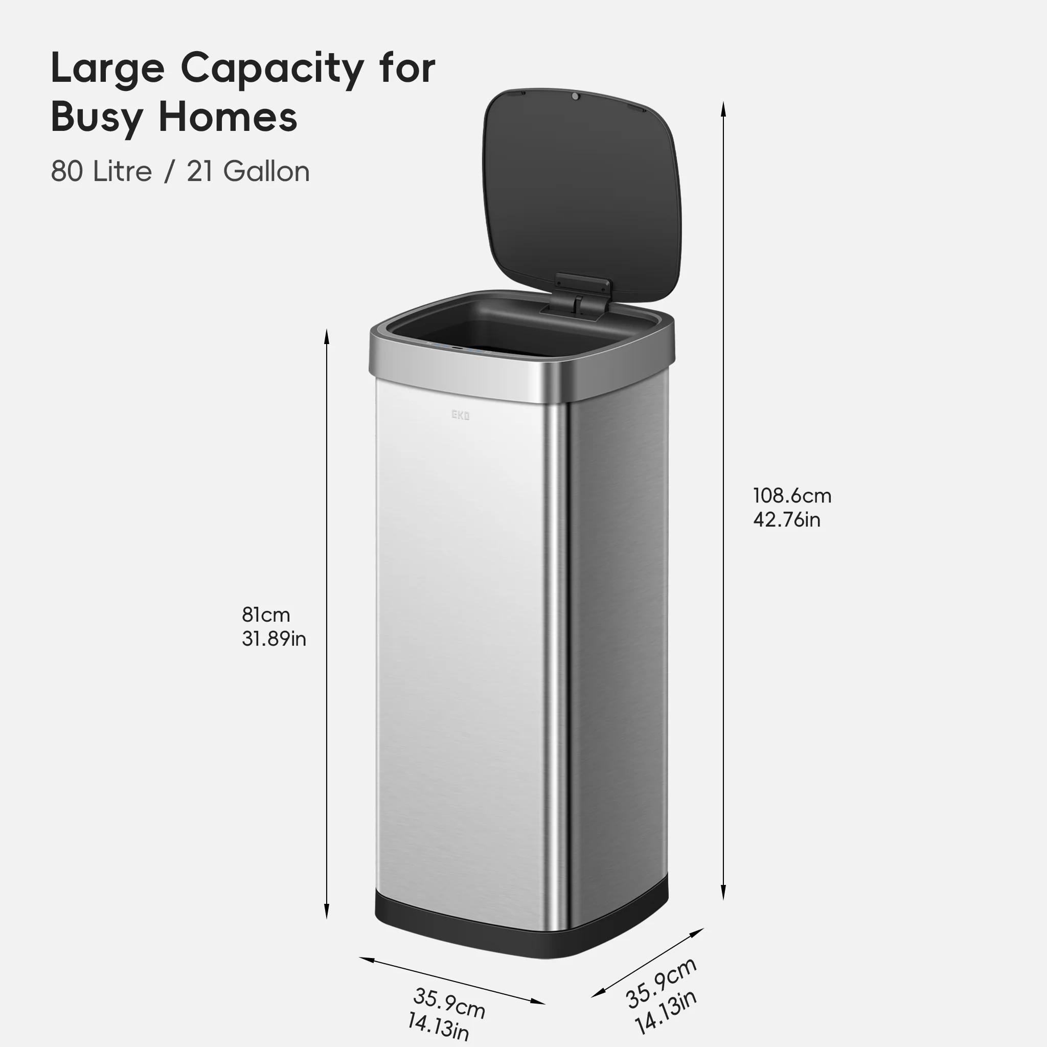 Ecosmart 80L / 21 Gal Motion Sensor Tall and Large Kitchen Trash Can - Stainless Steel - Image 8