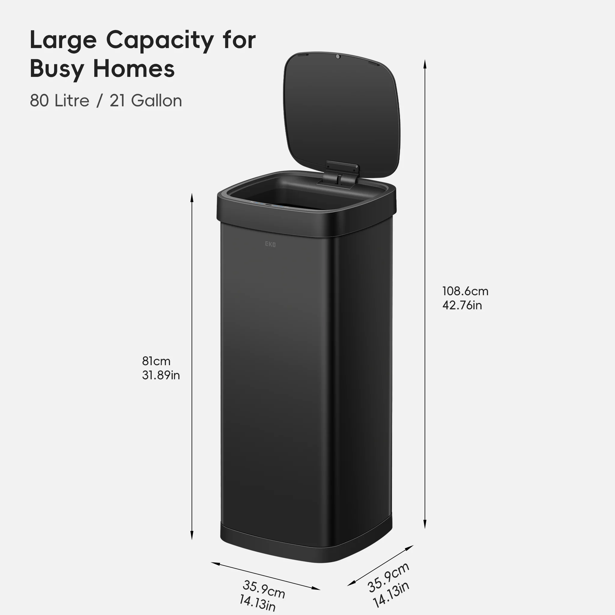EcoSmart 80L / 21 Gallon Motion Sensor Trash Can - Matte Black - Image 8