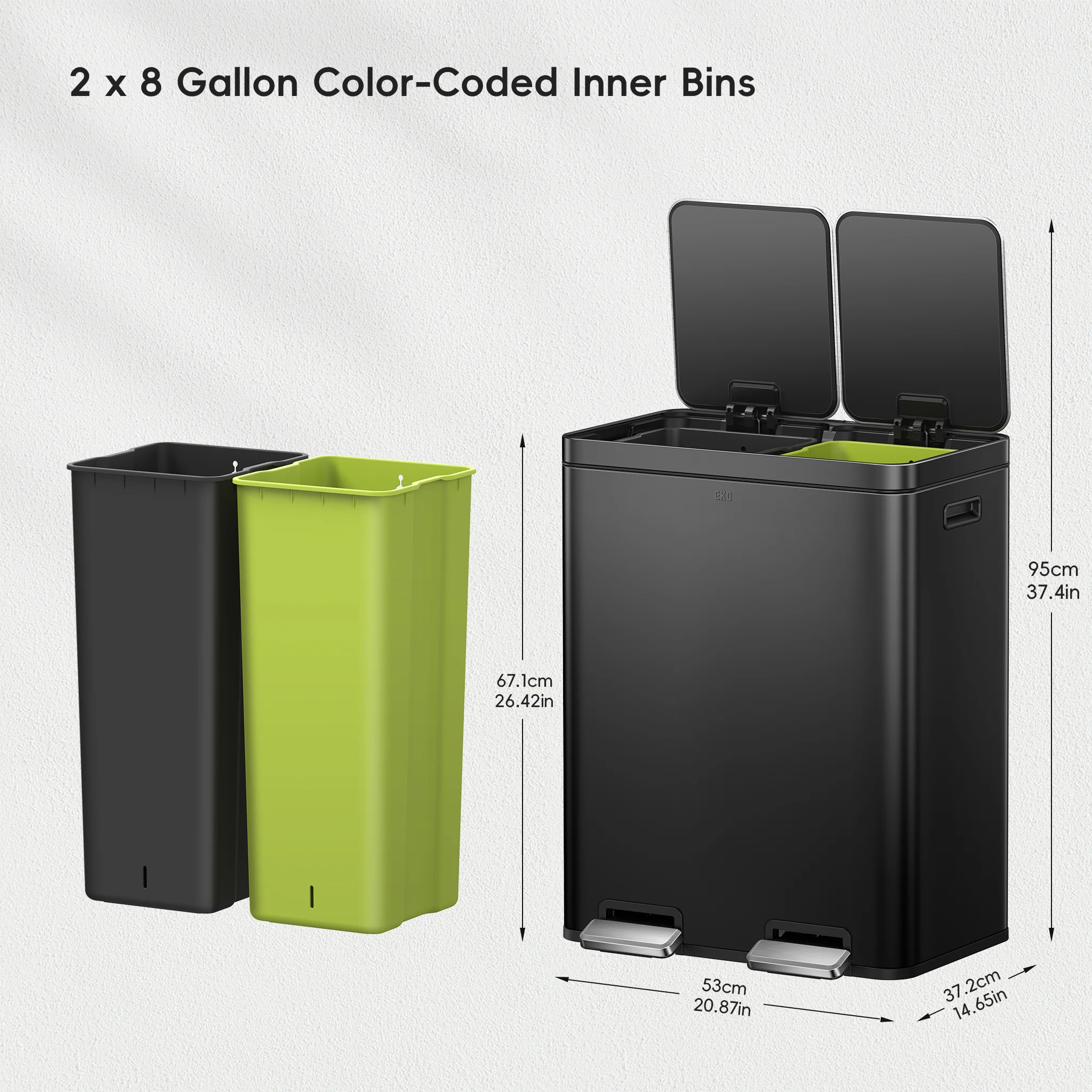 Edison 8+8 Gallon Dual Kitchen Trash Can with Removable Inner Liners-Matte Black - Image 7