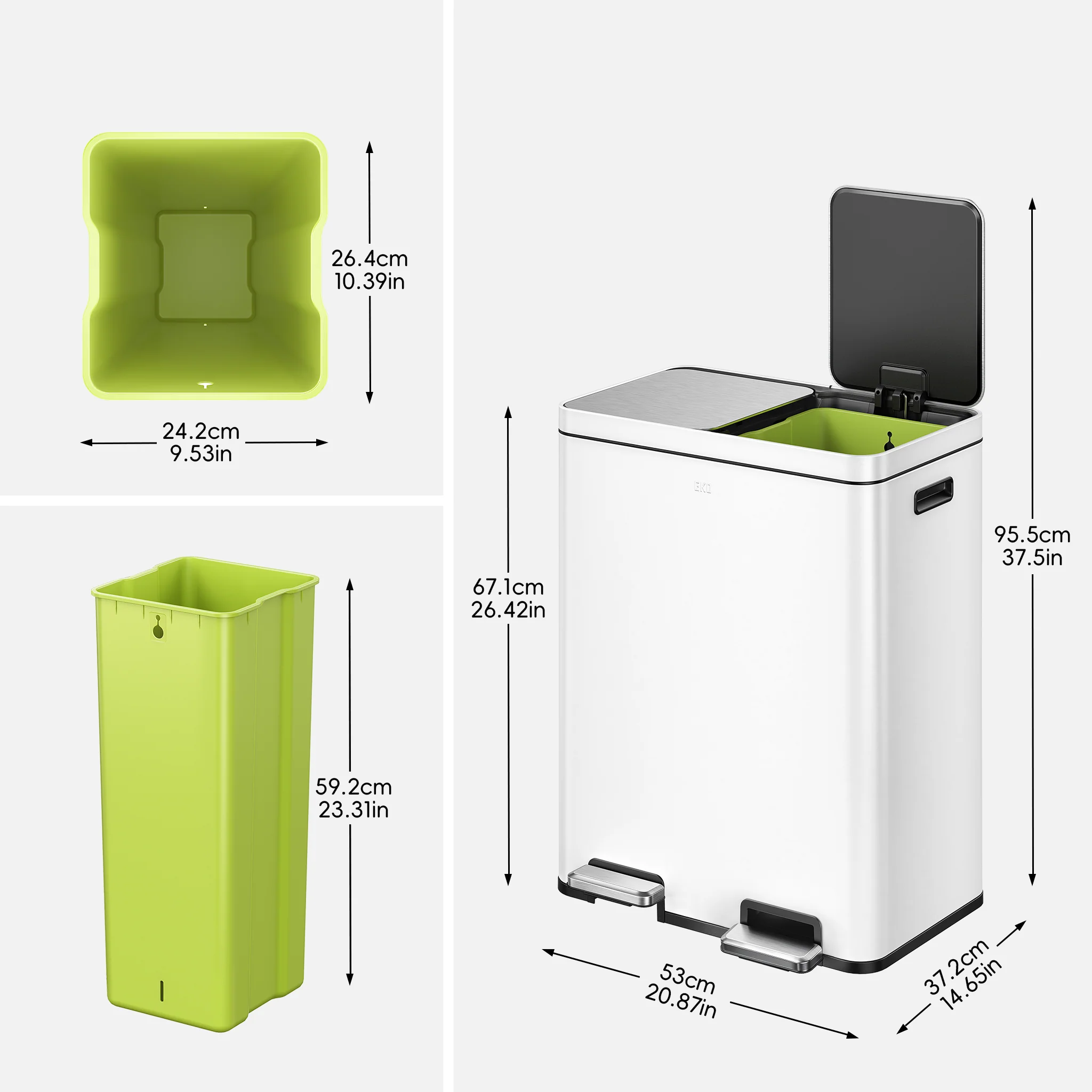 Edison 8+8 Gal Kitchen Trash Can with Dual Removable Liners-Matter White - Image 3