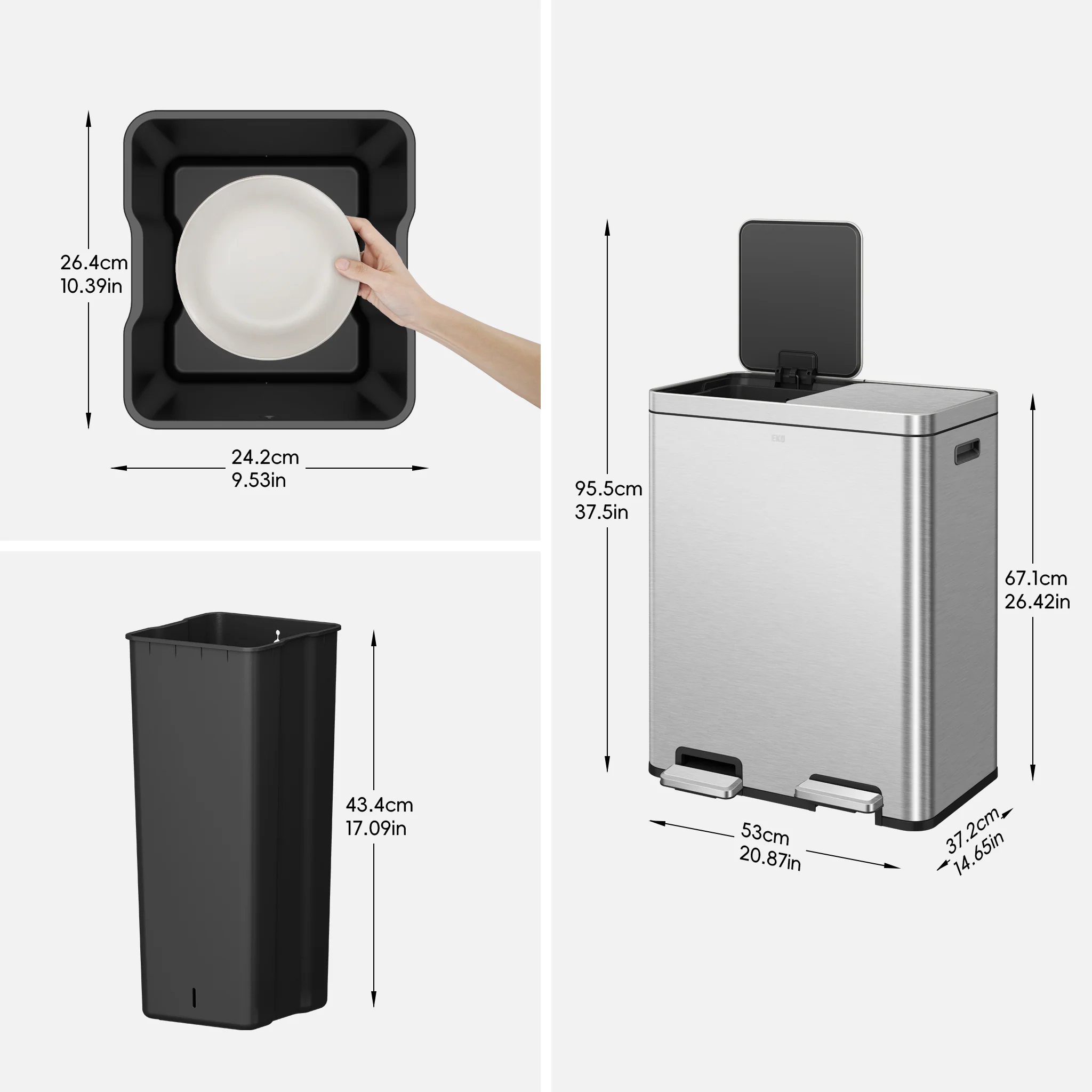 Edison 8+8 Gallons Kitchen Trash Can with Dual Removable Inner Liners - Image 9