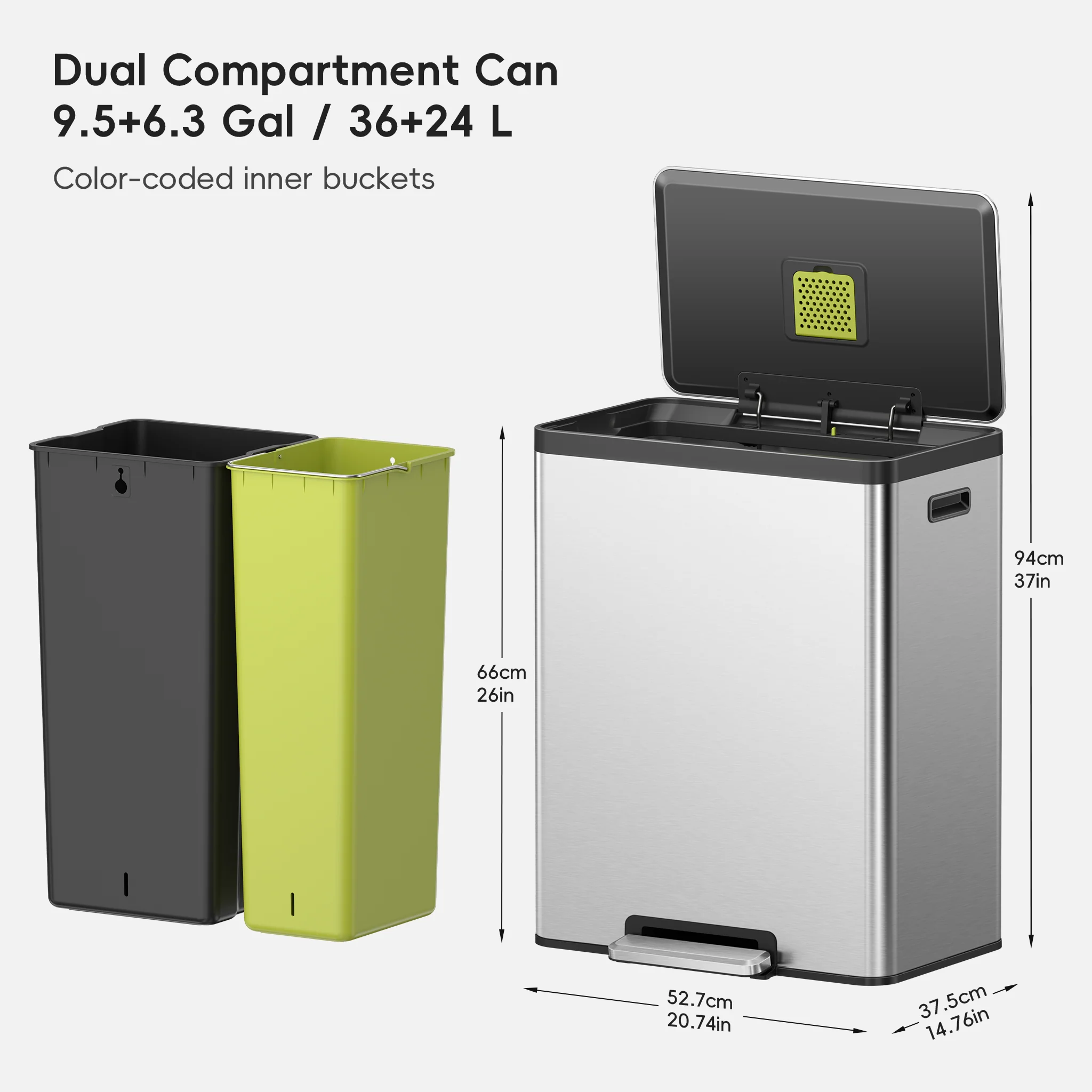 EcoCasa II Step Recycling Can - Dual Compartment 36L+24L - Image 9