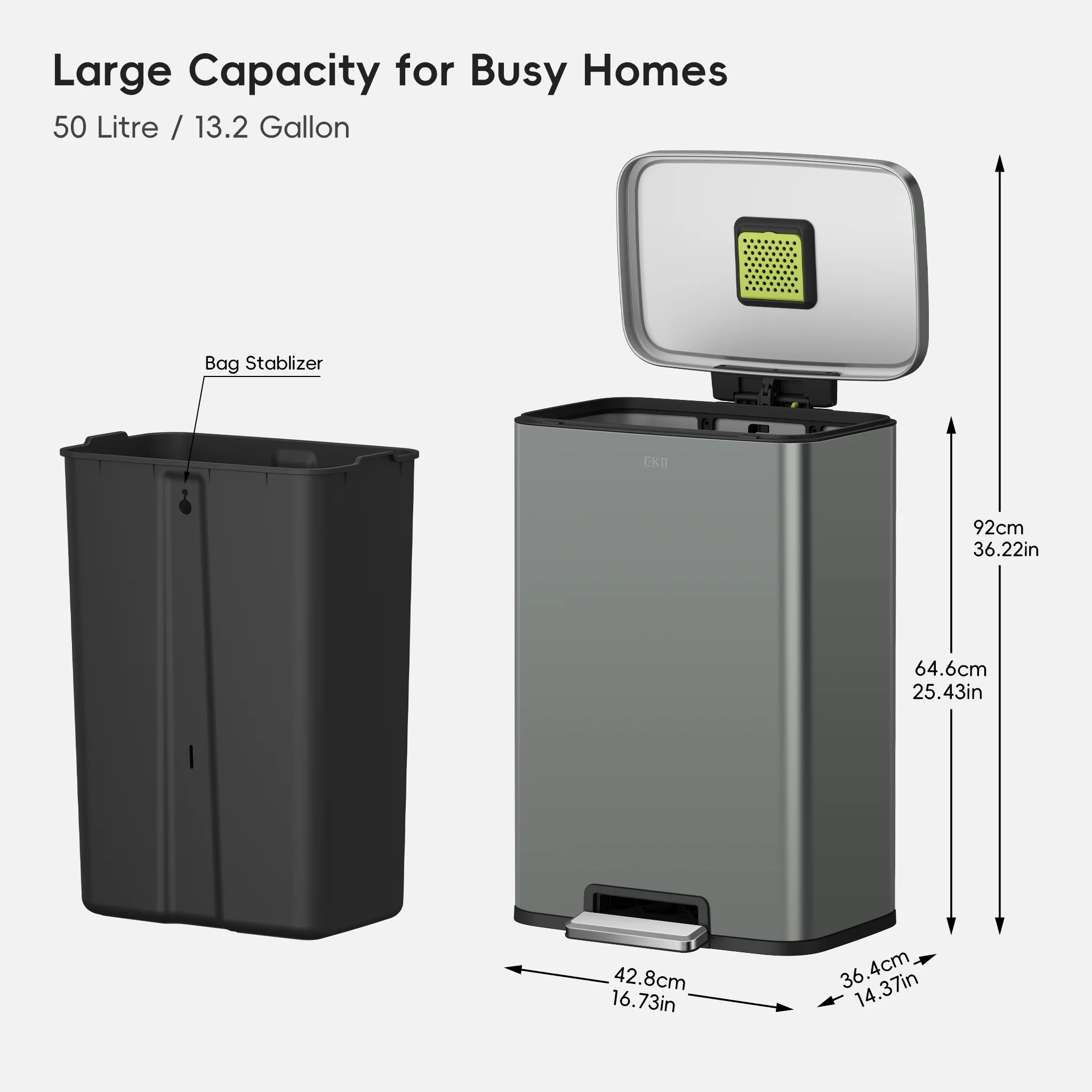 Madison Nardo Grey Stainless Steel 50 Liter/13.2 Gallon Step Trash Can - Image 8