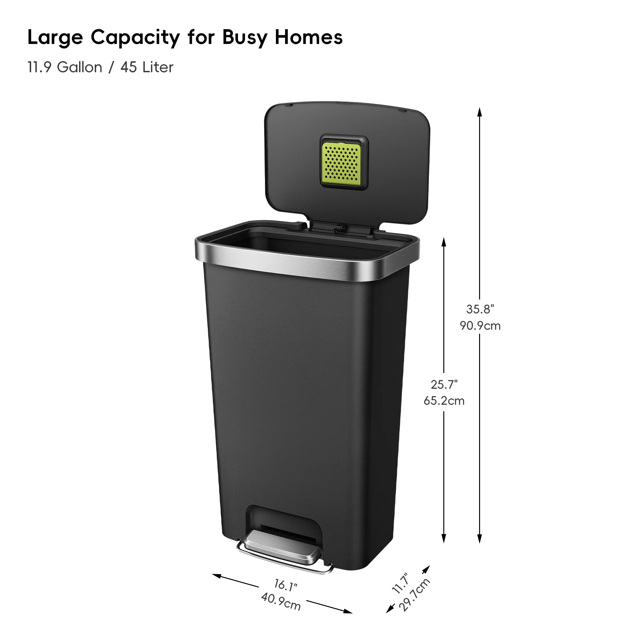 HANA 45L/ 11.9 Gallon Plastic Resin Step Kitchen Trash Can-Black - Image 8