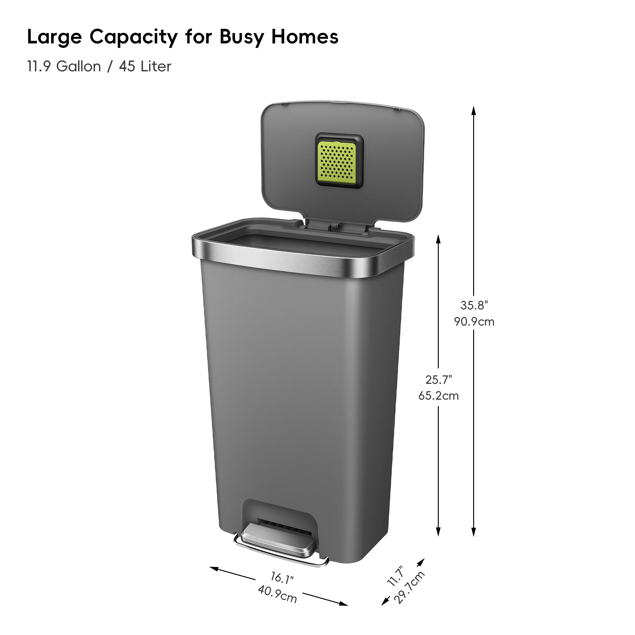 HANA 45L/ 11.9 Gallon Plastic Resin Step Kitchen Trash Can-Grey - Image 8