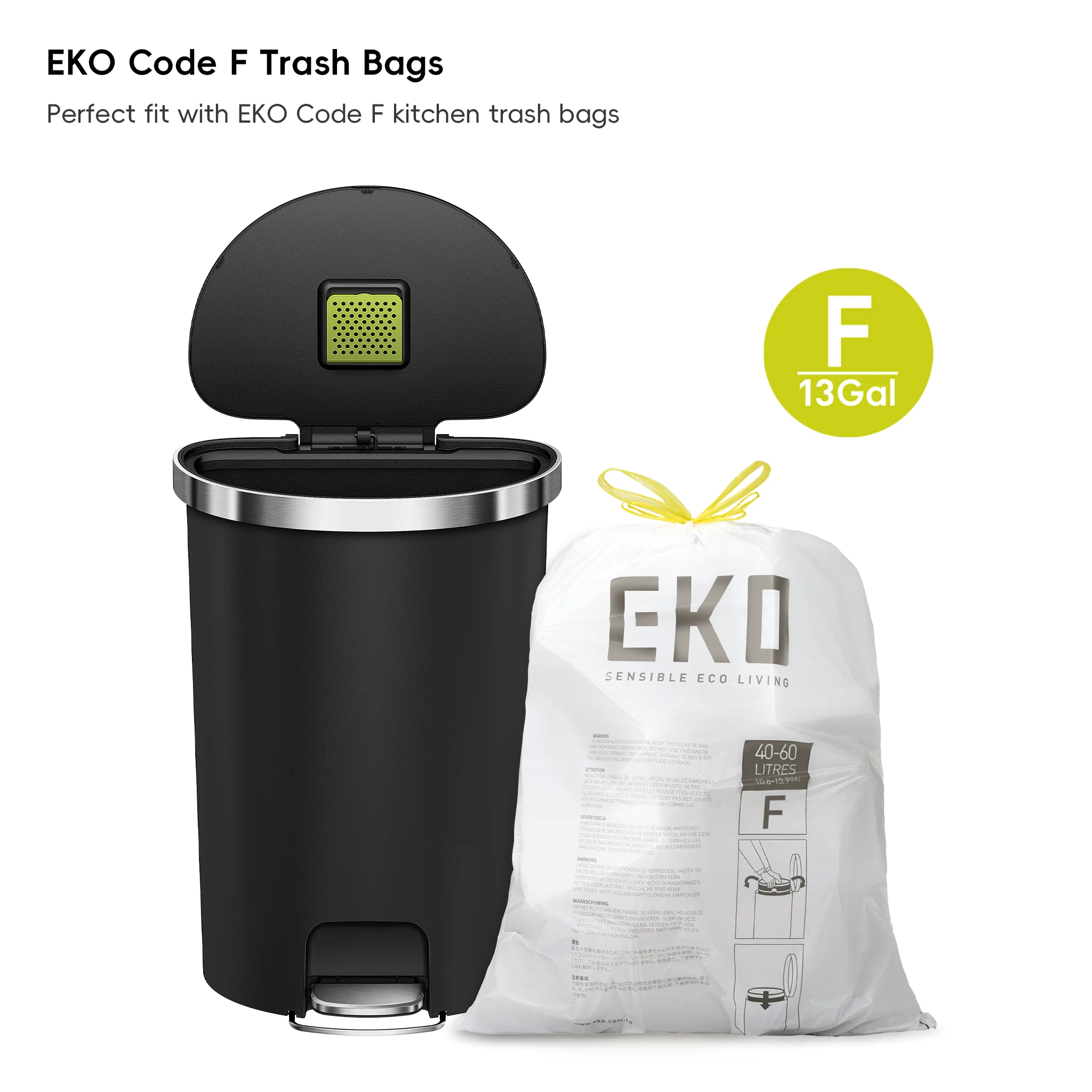 HANA Semi-Round 55L/ 14.5 Gallon Plastic Resin Step Kitchen Trash Can-Black - Image 10