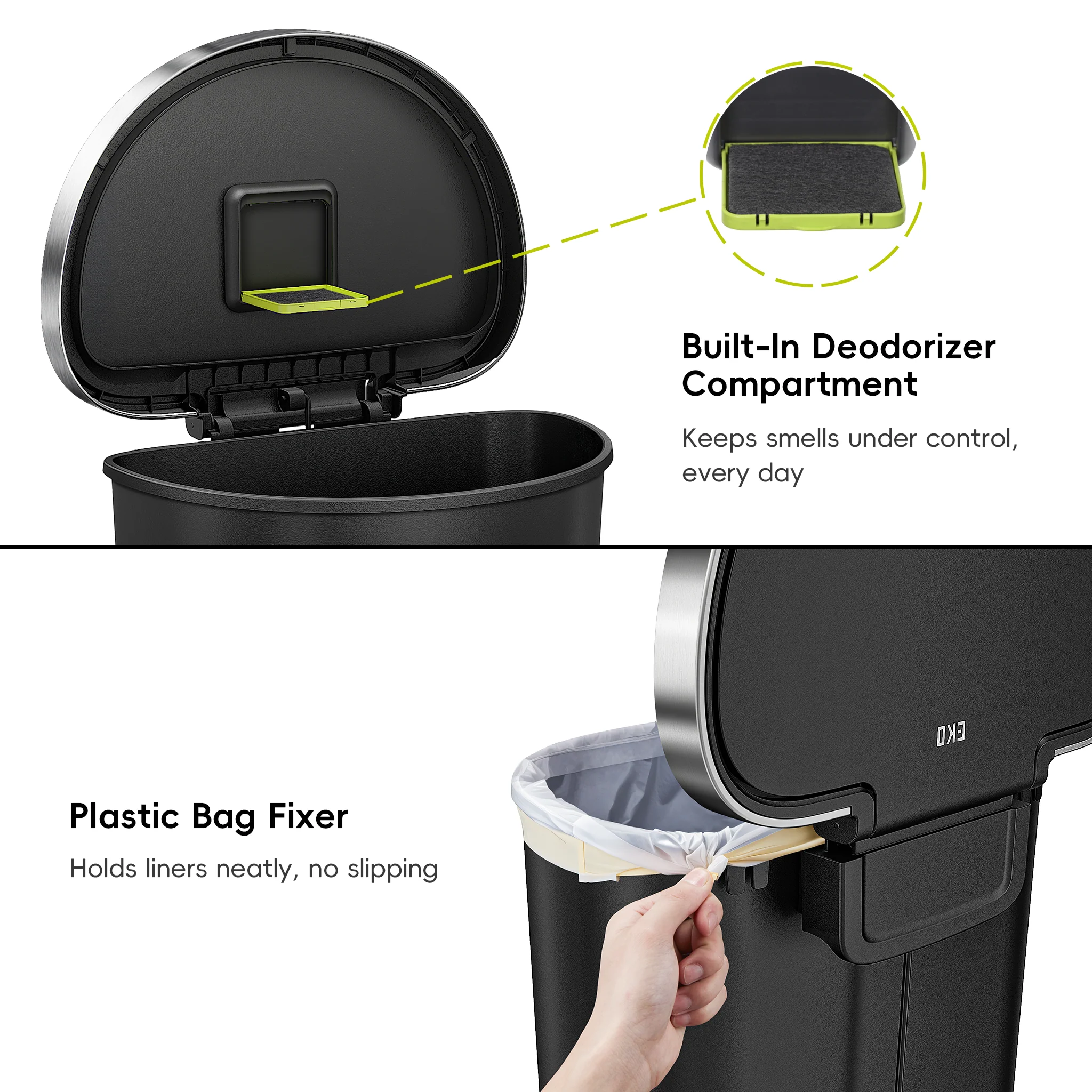 HANA Semi-Round 55L/ 14.5 Gallon Plastic Resin Step Kitchen Trash Can-Black - Image 5