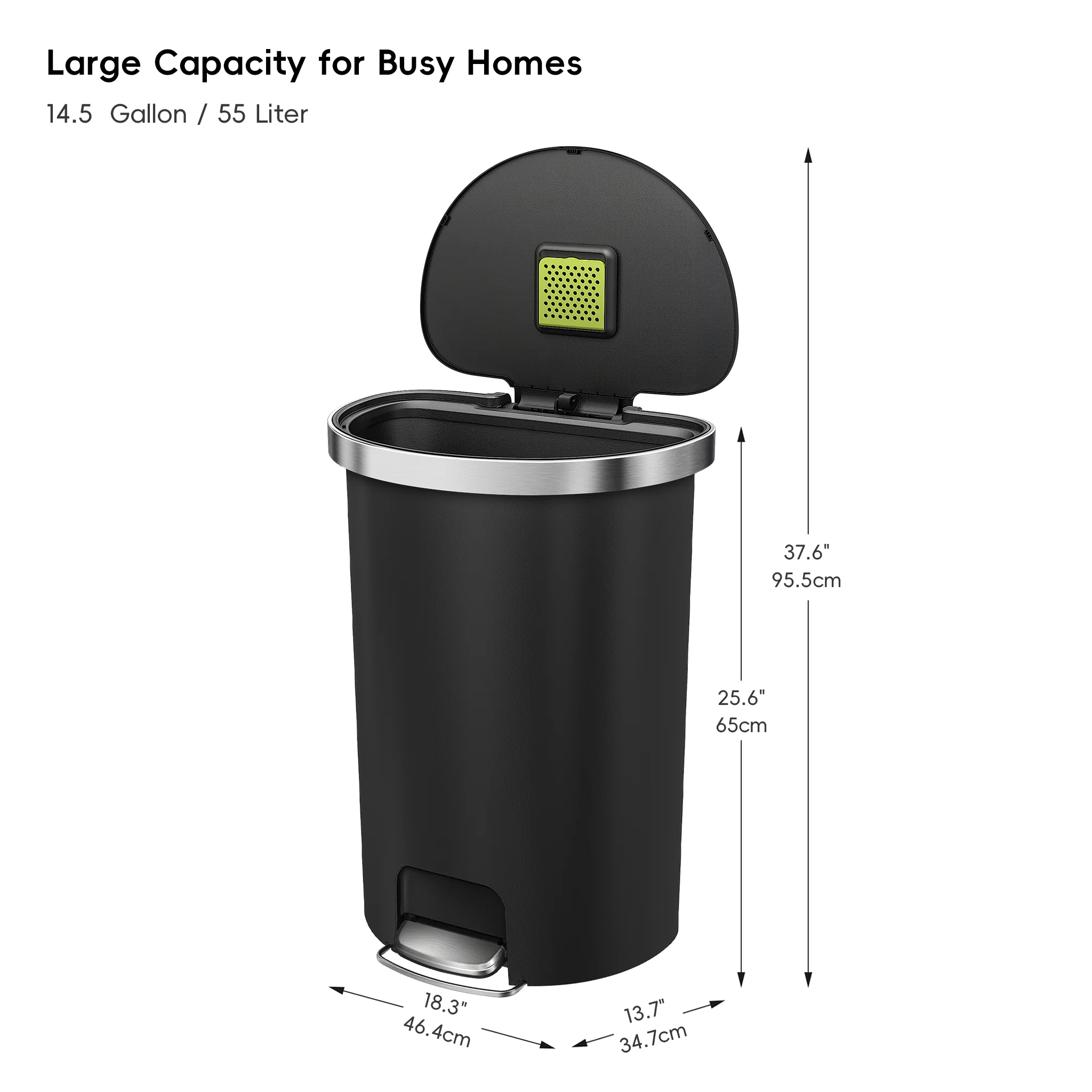 HANA Semi-Round 55L/ 14.5 Gallon Plastic Resin Step Kitchen Trash Can-Black - Image 9