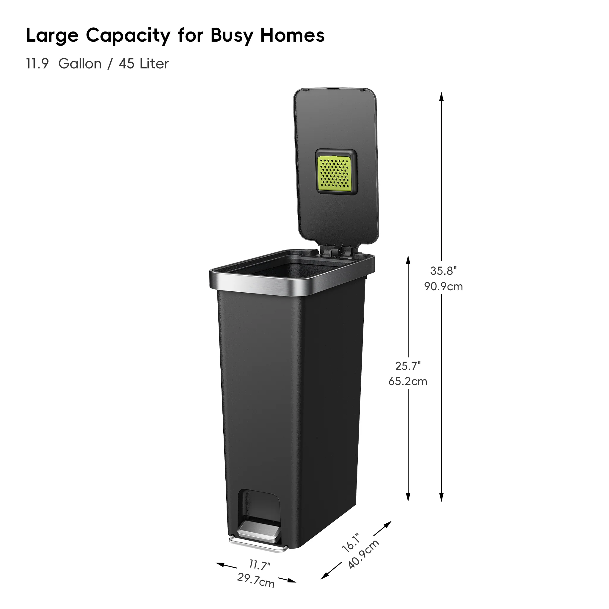 HANA Slim 40L/ 10.5 Gallon Plastic Resin Step Kitchen Trash Can-Black - Image 7