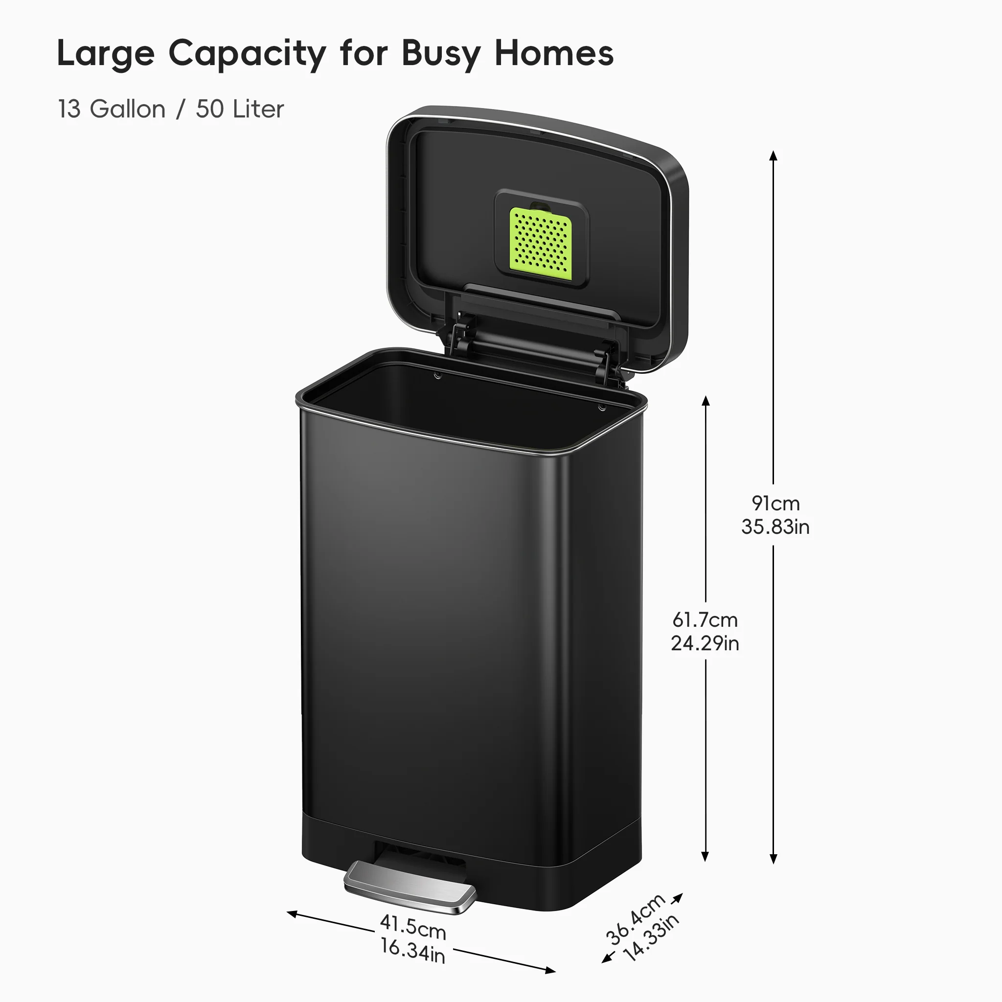 Hudson 50 Liter / 13 Gallon Step Can with Bag Compartment - Matte Black - Image 8