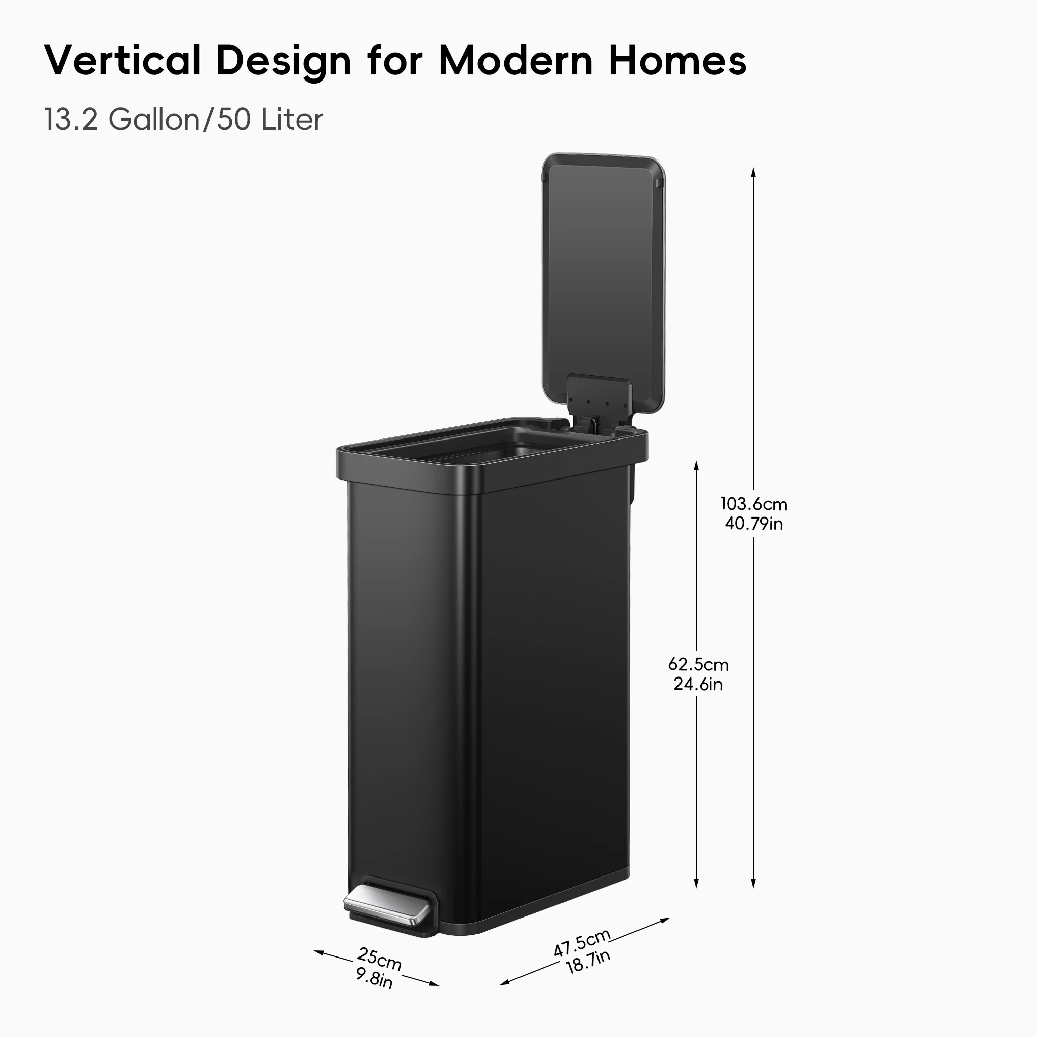 Hudson Slim 50 Liter / 13 Gallon Matte Black Step Trash Can with Lid - Image 9