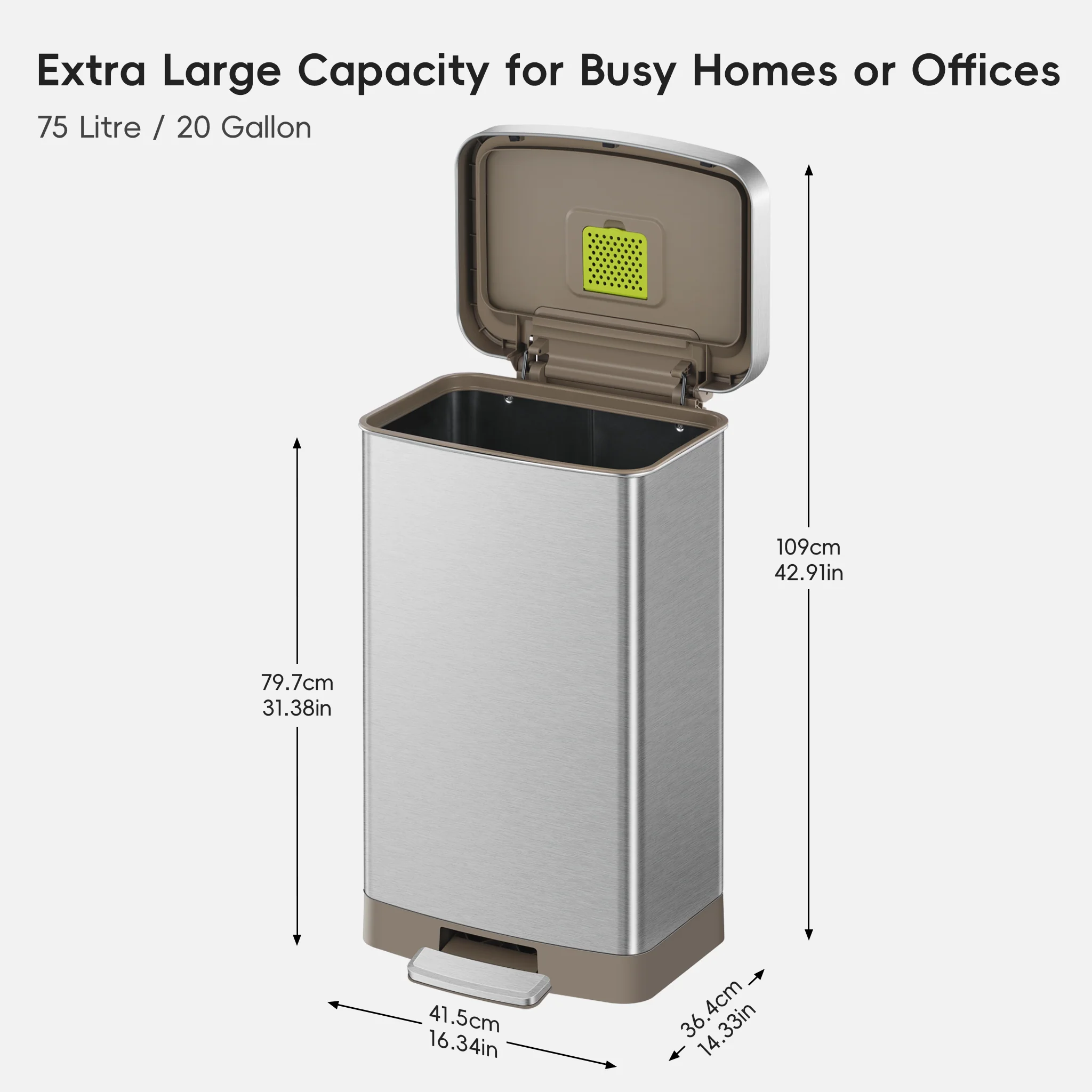 Hudson 75 Liter / 20 Gallon Step Can with Bag Compartment - Stainless Steel - Image 9