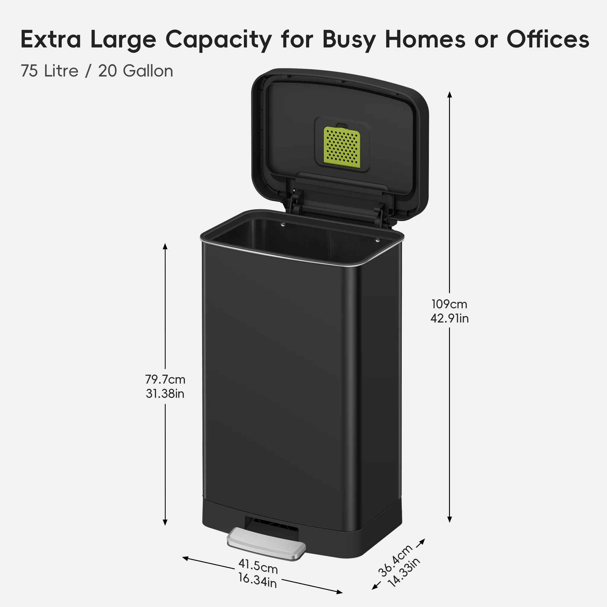 Hudson  75 Liter / 20 Gallon Step Can with Bag Compartment - Matte Black - Image 9