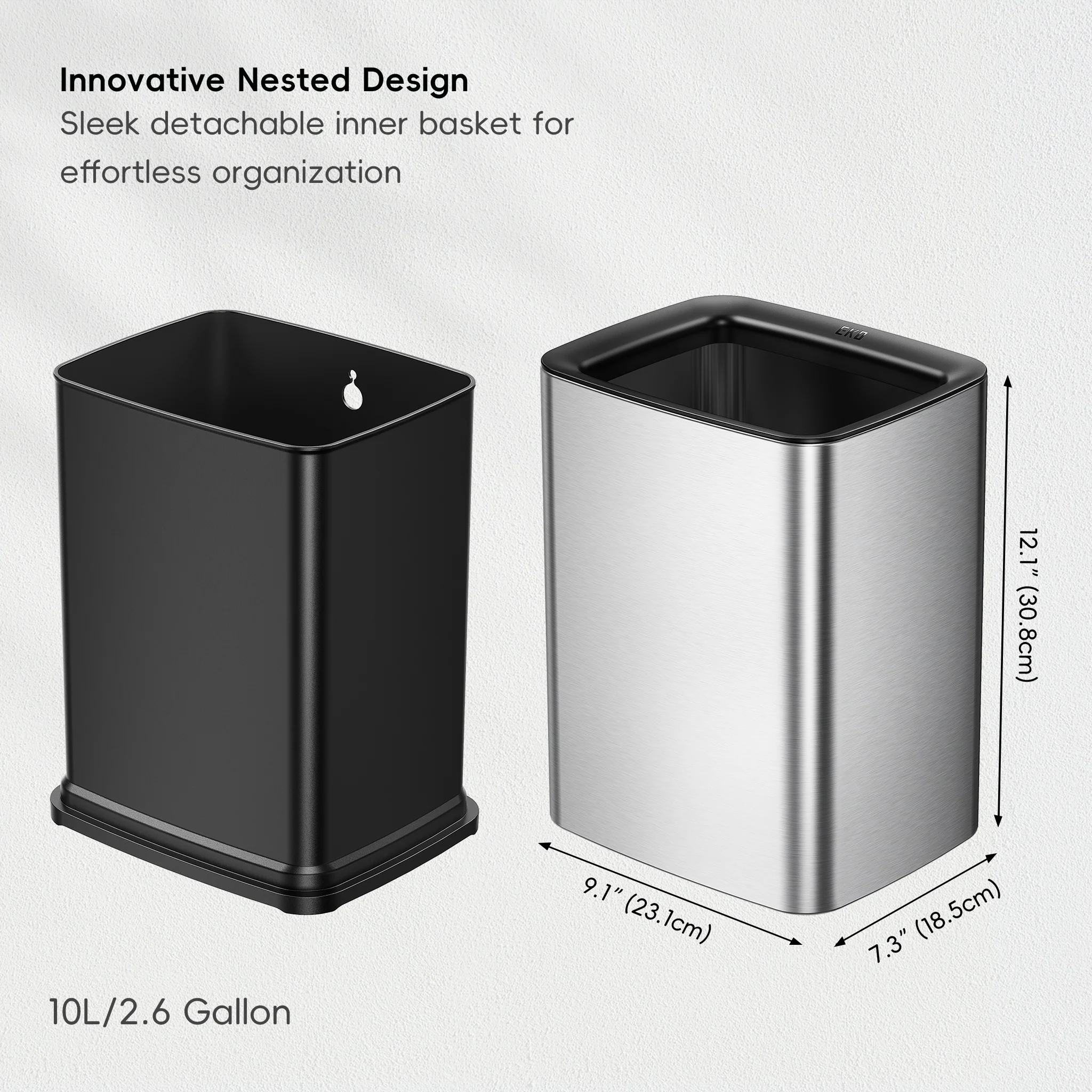 Laguna 2.6 Gallon/10L Open Top Trash Can with Removable Inner Basket,Matte Stainless Steel - Image 5