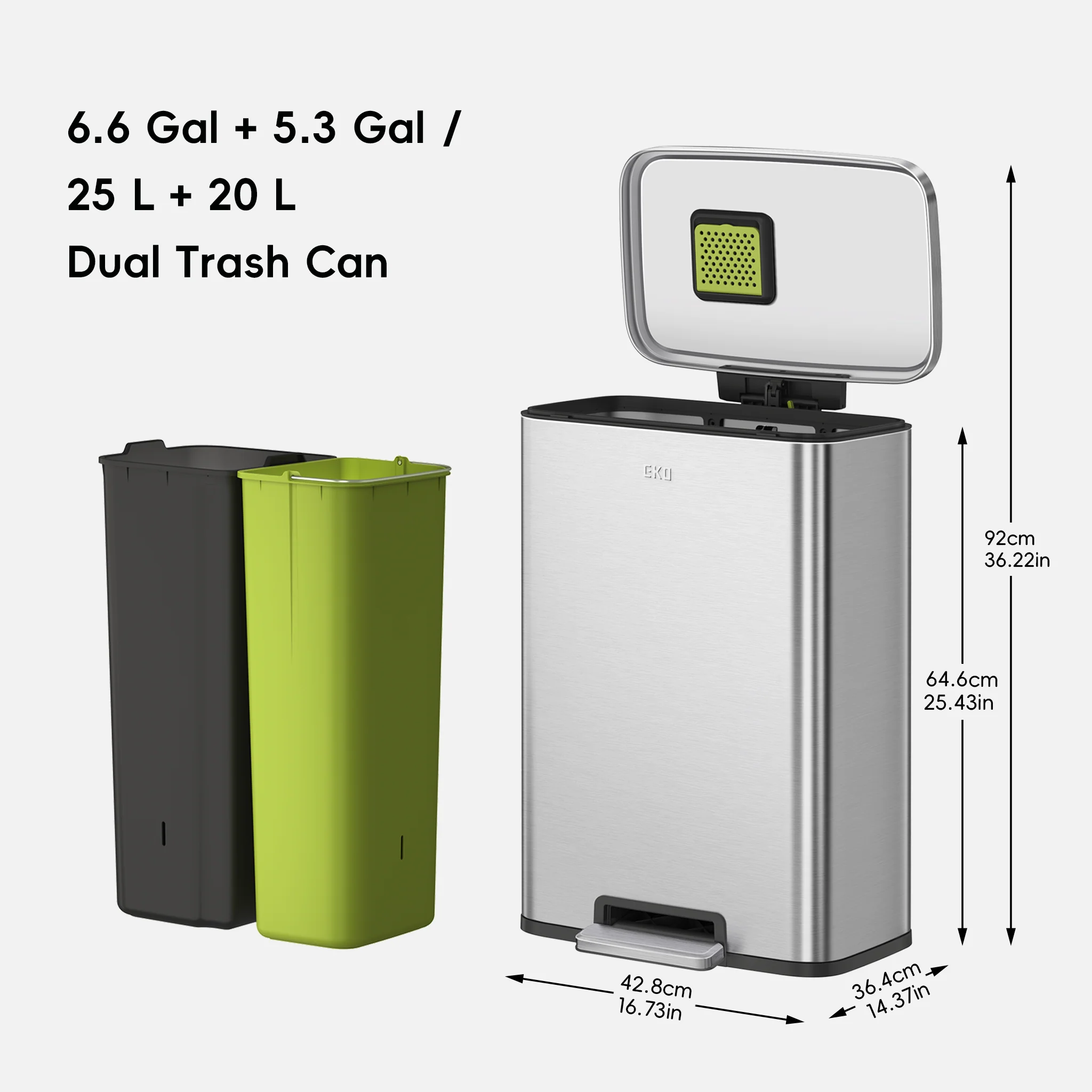 Madison 25L+20L Dual Compartment Step Trash Can - Brushed Stainless - Image 8