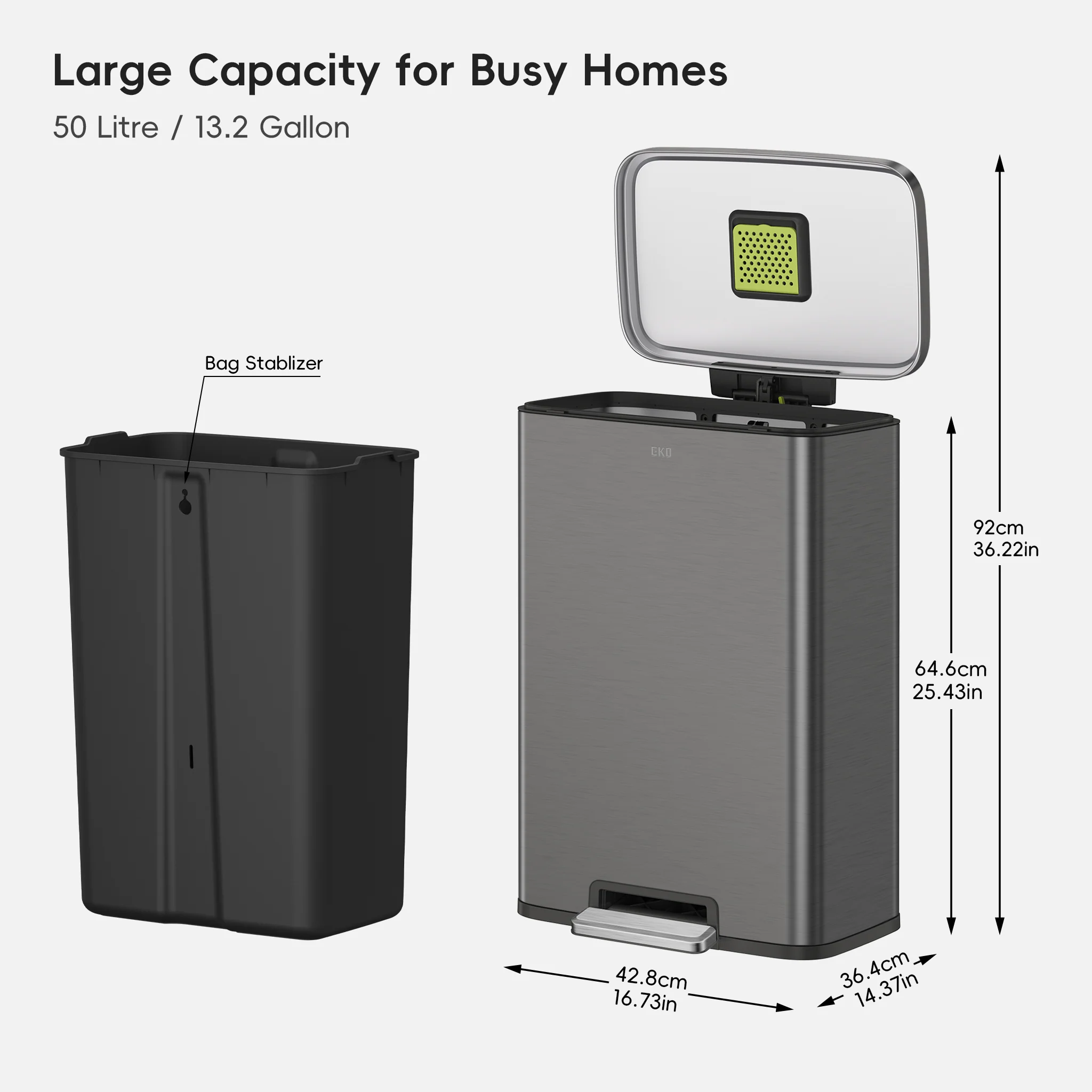 Madison Gunmetal Steel 50 Liter/13.2 Gallon Step Trash Can with Inner Liner - Image 9