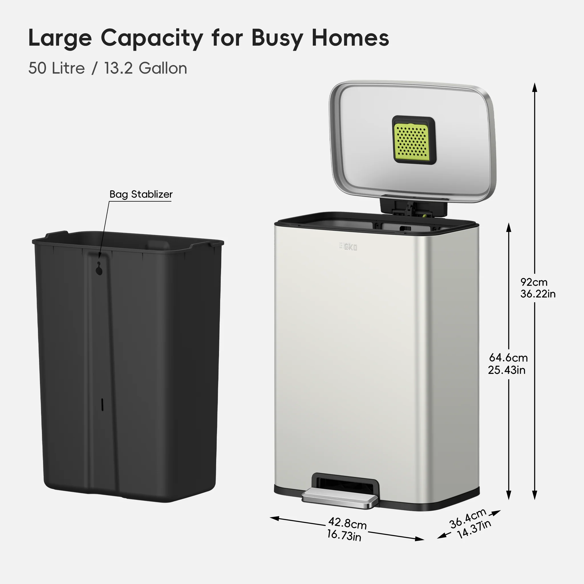 Madison Matte Grey Stainless Steel 50 Liter/13.2 Gallon Step Trash Can - Image 9