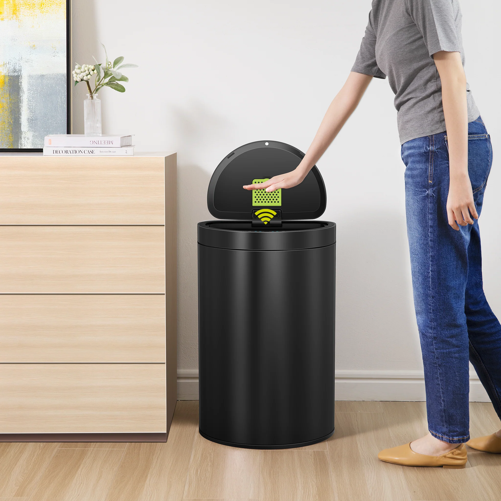 Mirage Semi-Round 47 Liter / 12.4 Gallon Motion Sensor Trash Can - Matte Black - Image 3