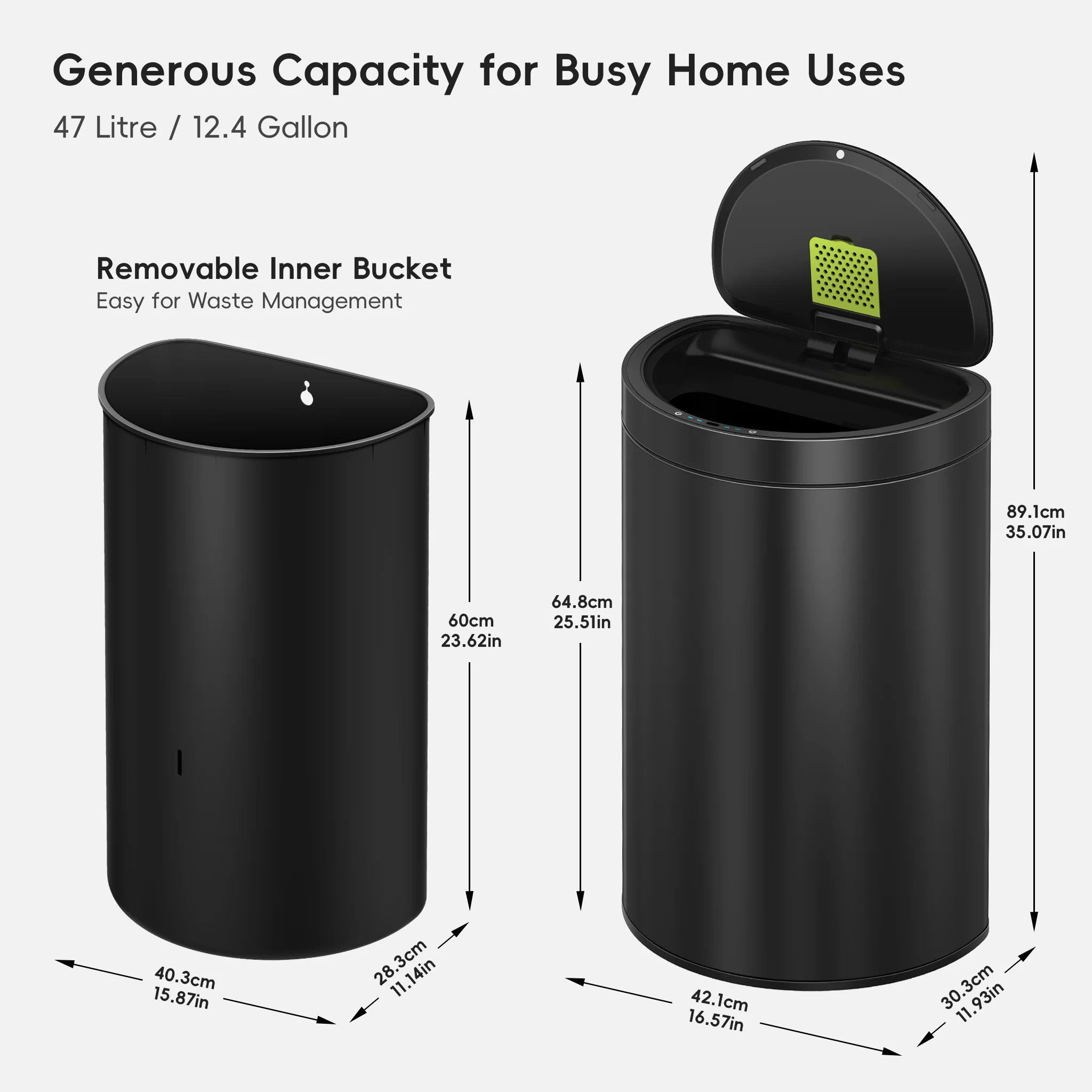 Mirage Semi-Round 47 Liter / 12.4 Gallon Motion Sensor Trash Can - Matte Black - Image 8