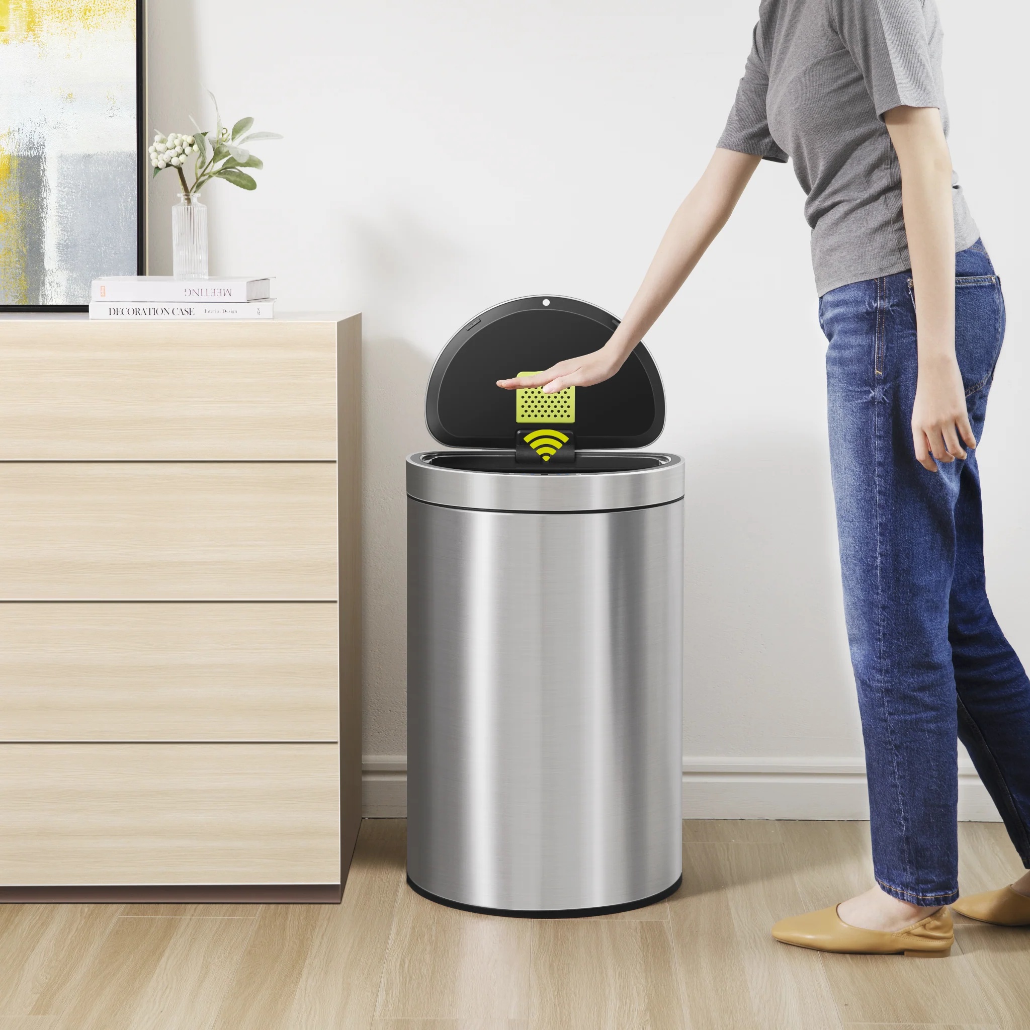 Mirage Semi-Round 47 Liter / 12.4 Gallon Motion Sensor Trash Can - Matte Stainless Steel - Image 3