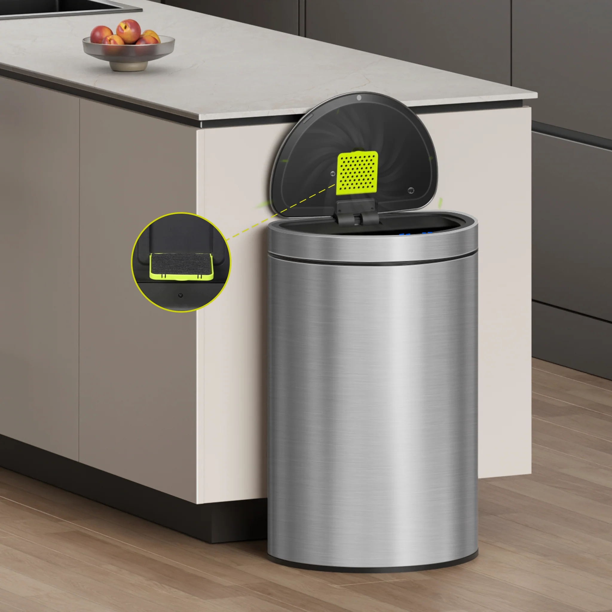 Mirage Semi-Round 47 Liter / 12.4 Gallon Motion Sensor Trash Can - Matte Stainless Steel - Image 6