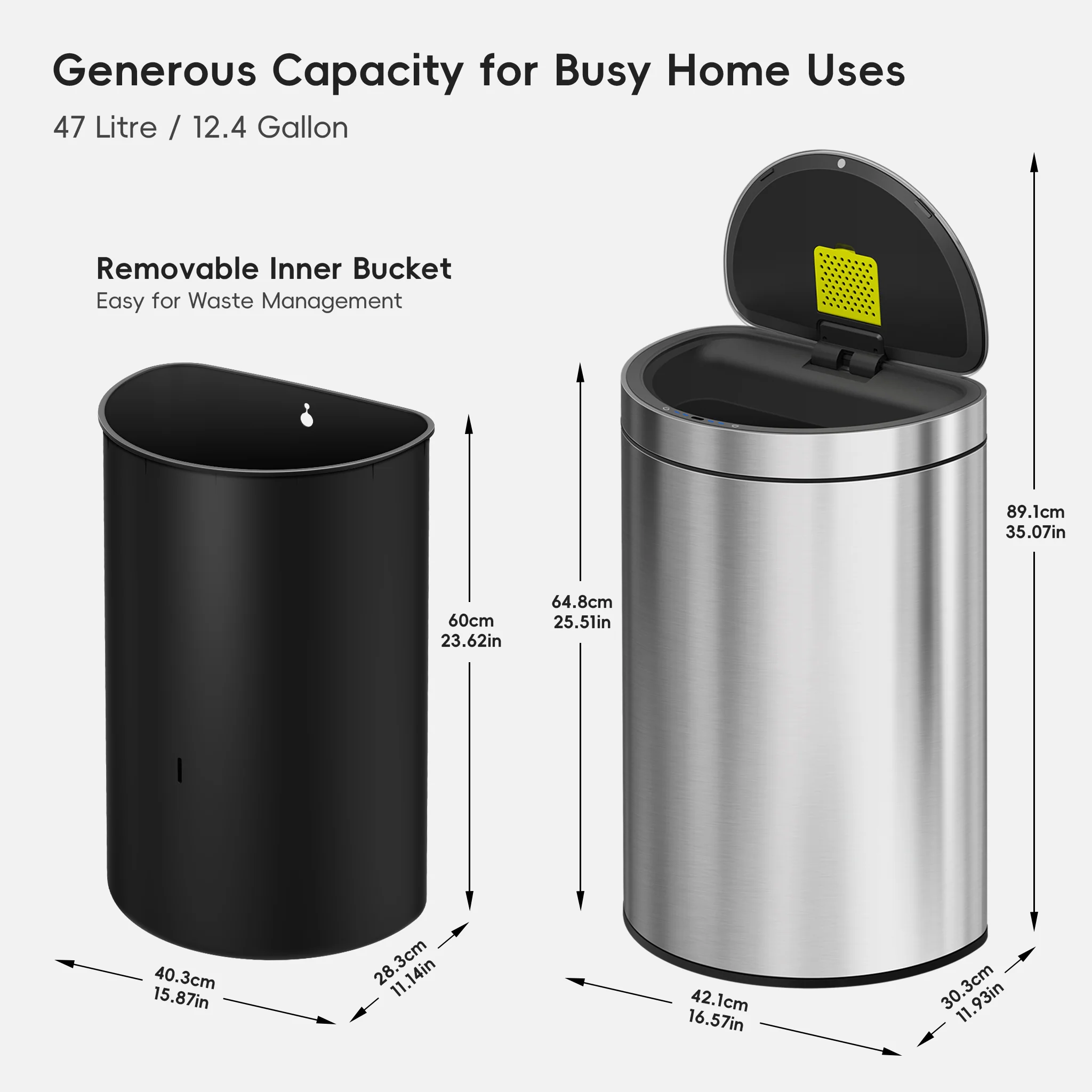 Mirage Semi-Round 47 Liter / 12.4 Gallon Motion Sensor Trash Can - Matte Stainless Steel - Image 9