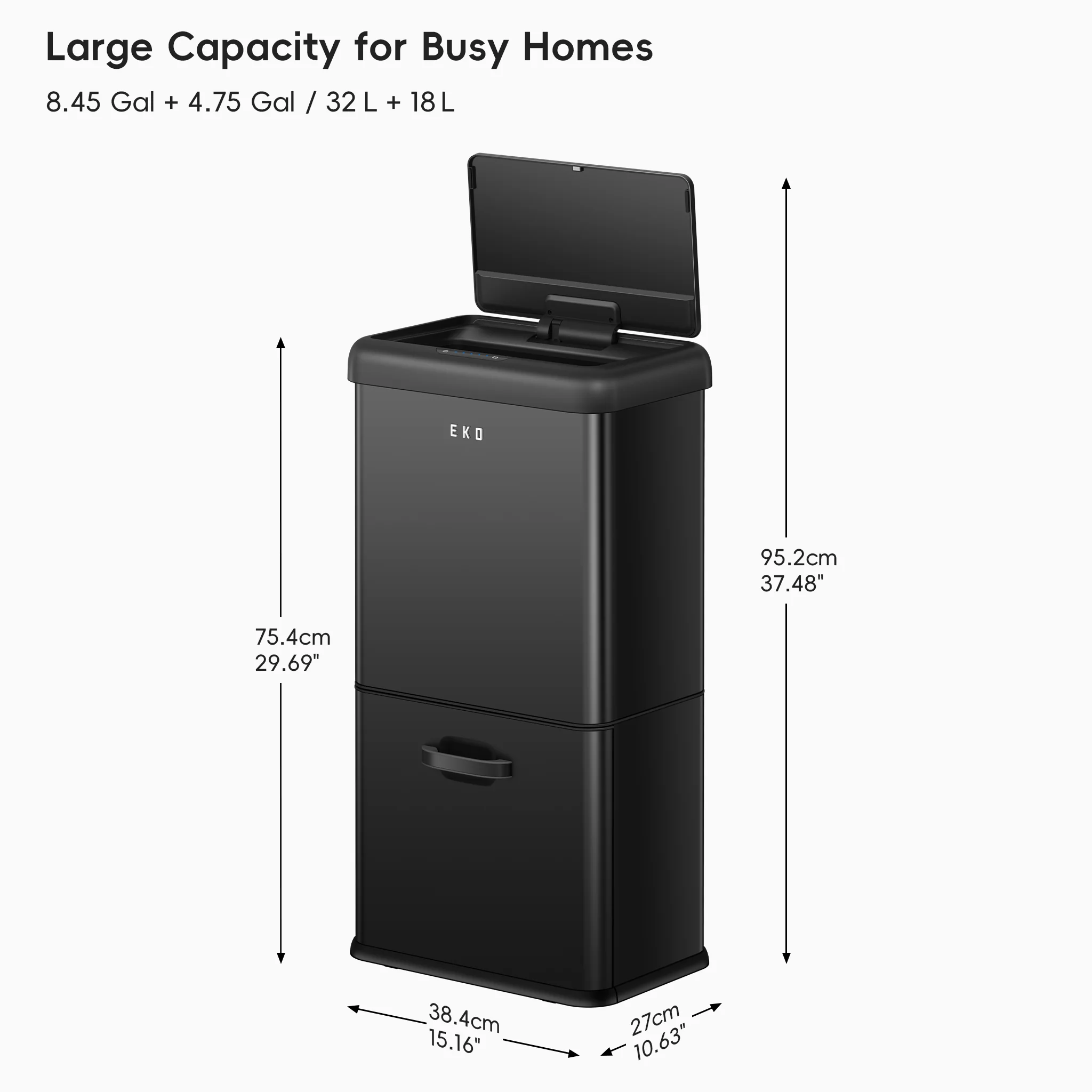 Vintage Dual Compartment 32L + 18L Motion Sensor Trash Can-Matte Black - Image 9