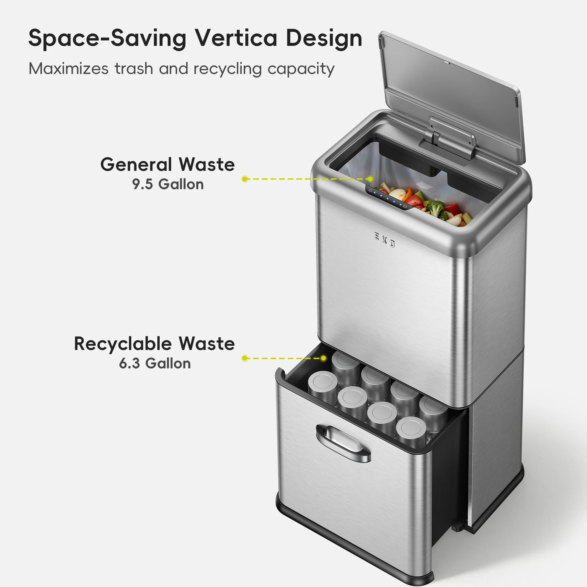 Vintage Dual Compartment 32L + 18L Stainless Steel Motion Sensor Trash Can - Image 3
