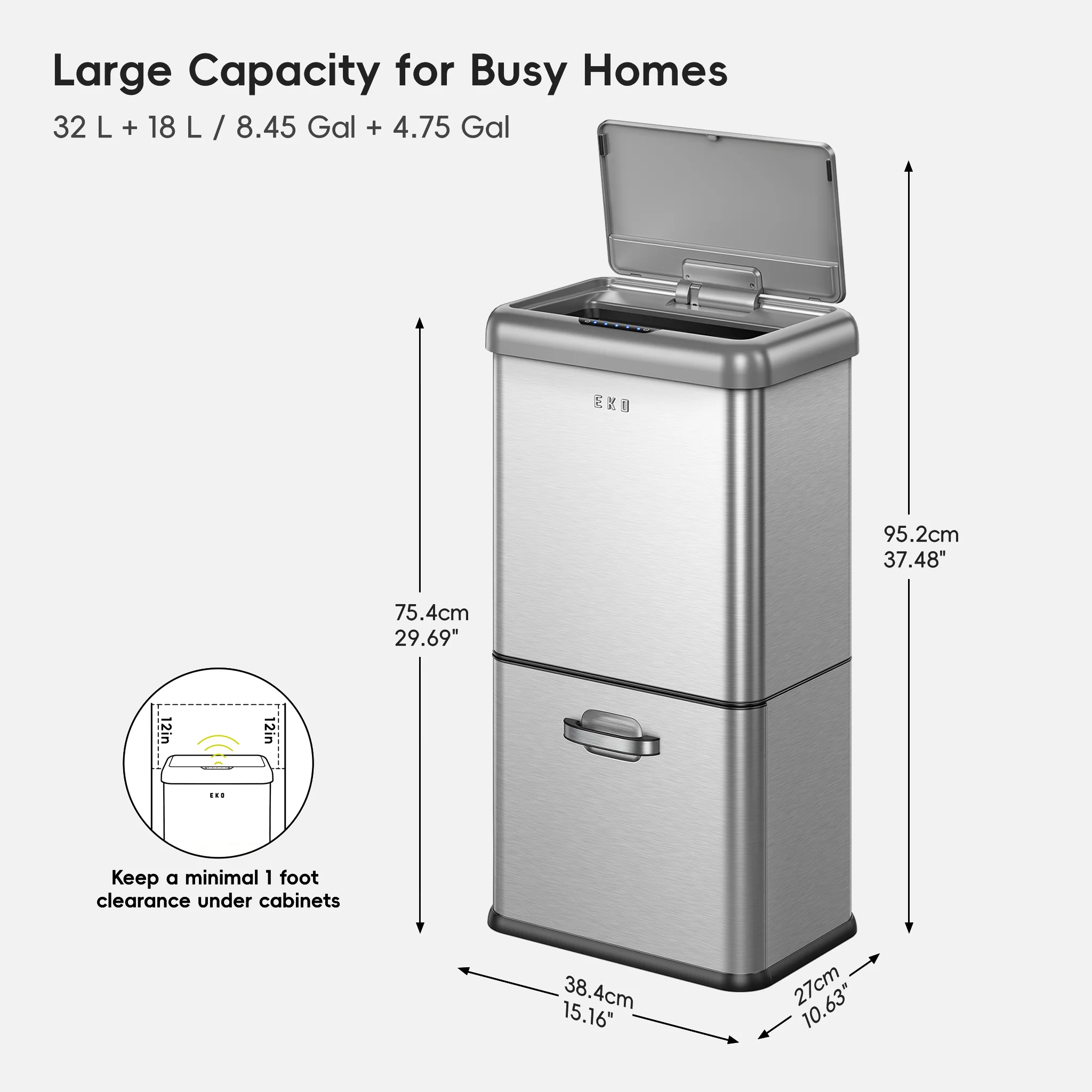 Vintage Dual Compartment 32L + 18L Stainless Steel Motion Sensor Trash Can - Image 9