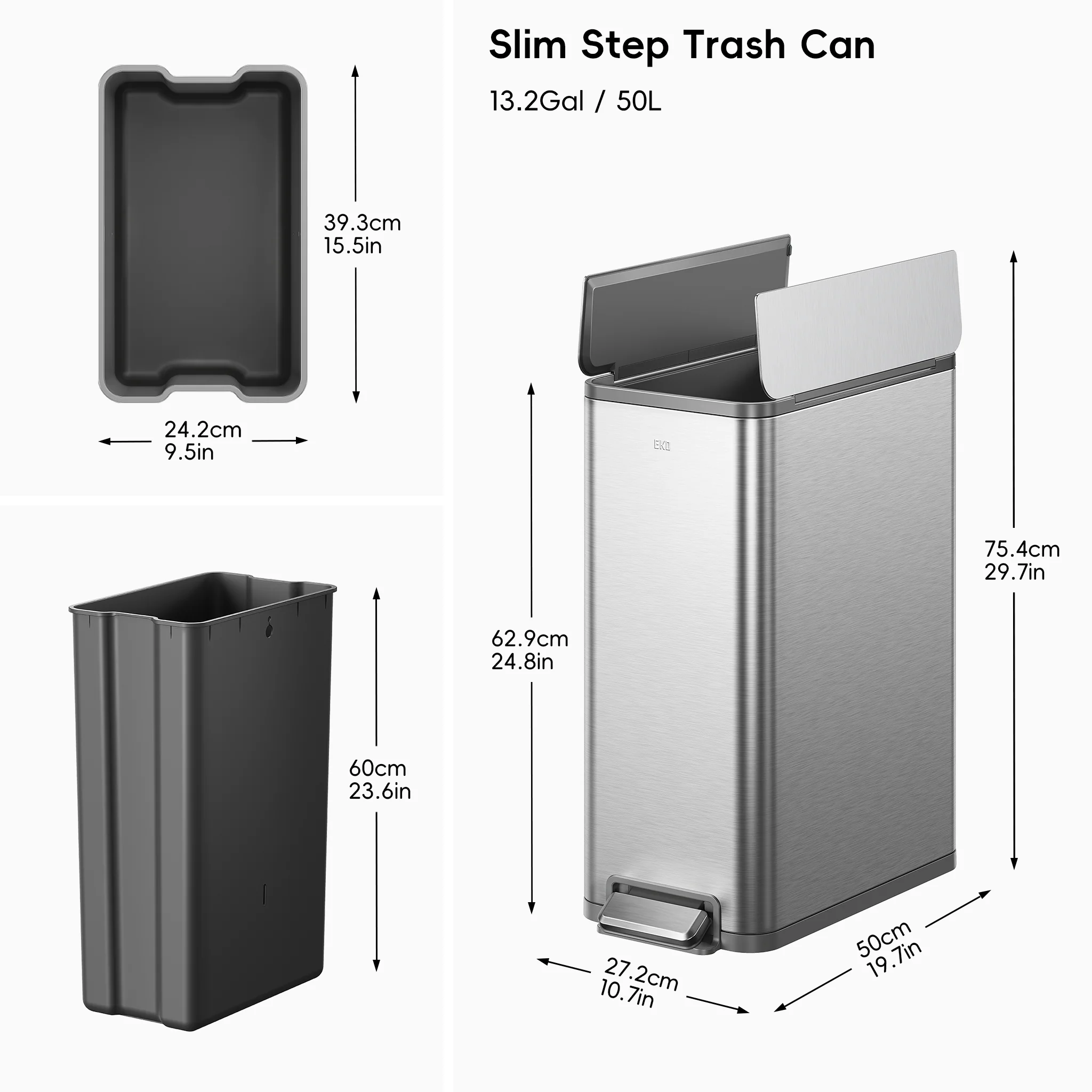 X-Wing 50L / 13.2 Gallon Slim Step Trash Can with Dual Wing Lid - Image 10